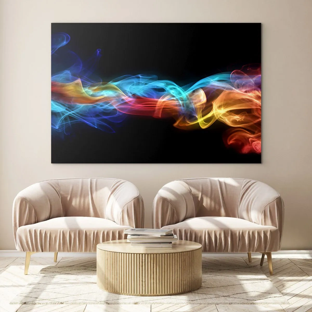 Glastavla - Bild på glas - Dimmas regnbågsdans - 100x70 cm