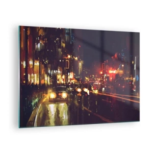 Glastavla - Bild på glas - Stadsnattlandskap med bilar och gatubelysning - 70x50cm - Doppad i nattljuset - Modern väggdekoration för vardagsrum och sovrum ARTTOR