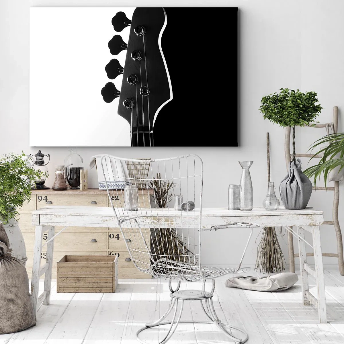 Canvastavla - Bild på duk - Svartvit silhuett av ett basgitarrhuvud - 70x50cm - Rocktystnad - Modern väggdekoration för vardagsrum och sovrum ARTTOR
