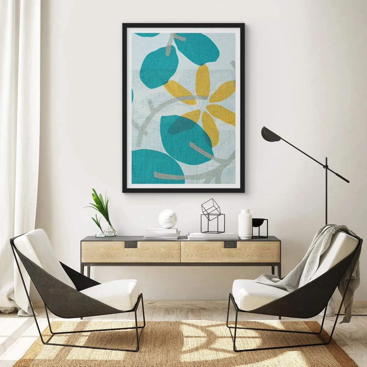 Affisch i svart ram - Modern botanisk grafik i nyanser av blått och gult - 50x70cm - Bland azurblå blad - Modern väggdekoration för vardagsrum och sovrum ARTTOR