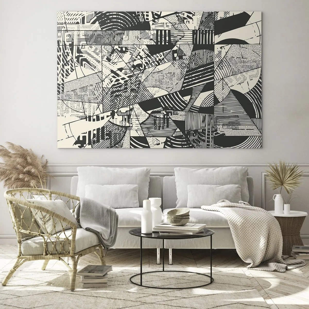 Glastavla - Bild på glas - Svartvit abstraktion med dynamiska geometriska mönster - 70x50cm - Nutidens dynamik - Modern väggdekoration för vardagsrum och sovrum ARTTOR