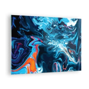 Glastavla - Bild på glas - Ett abstrakt mönster i nyanser av blått med accenter av rött och vitt. - 70x50cm - En resa till himlens inre - Modern väggdekoration för vardagsrum och sovrum ARTTOR