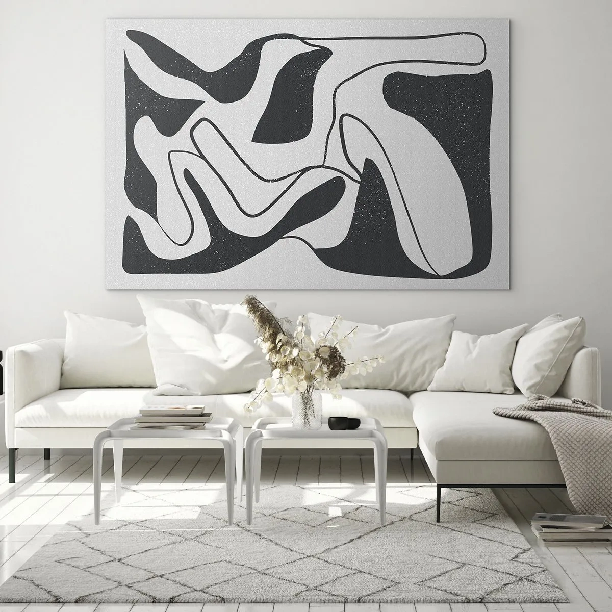 Glastavla - Bild på glas - Svartvita abstrakta former som liknar en labyrint - 70x50cm - Abstrakt lek i en labyrint - Modern väggdekoration för vardagsrum och sovrum ARTTOR