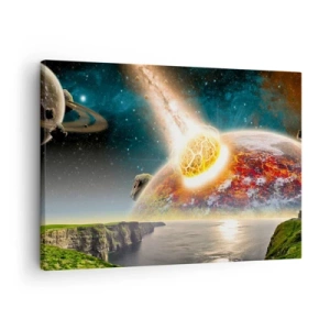 Canvastavla - Bild på duk - En meteorit kolliderar med en planet i ett kosmiskt landskap. - 70x50cm - Rymddrama - Modern väggdekoration för vardagsrum och sovrum ARTTOR