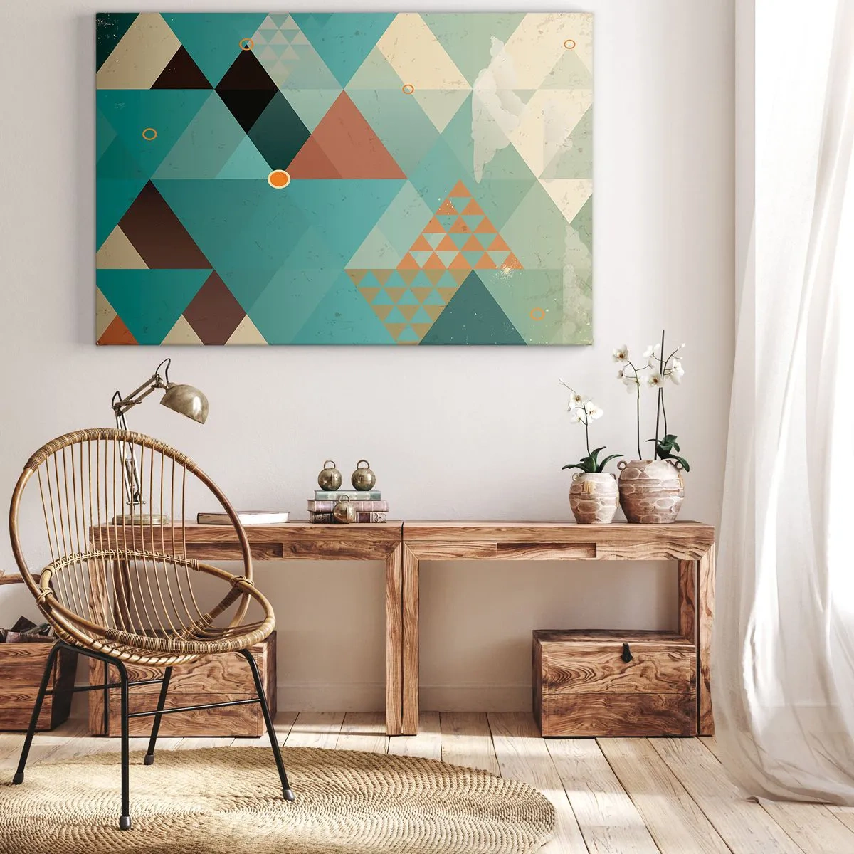 Canvastavla - Bild på duk - Geometriska mönster i nyanser av turkos och brunt - 70x50cm - Mångfaldens enighet, enighetens mångfald - Modern väggdekoration för vardagsrum och sovrum ARTTOR