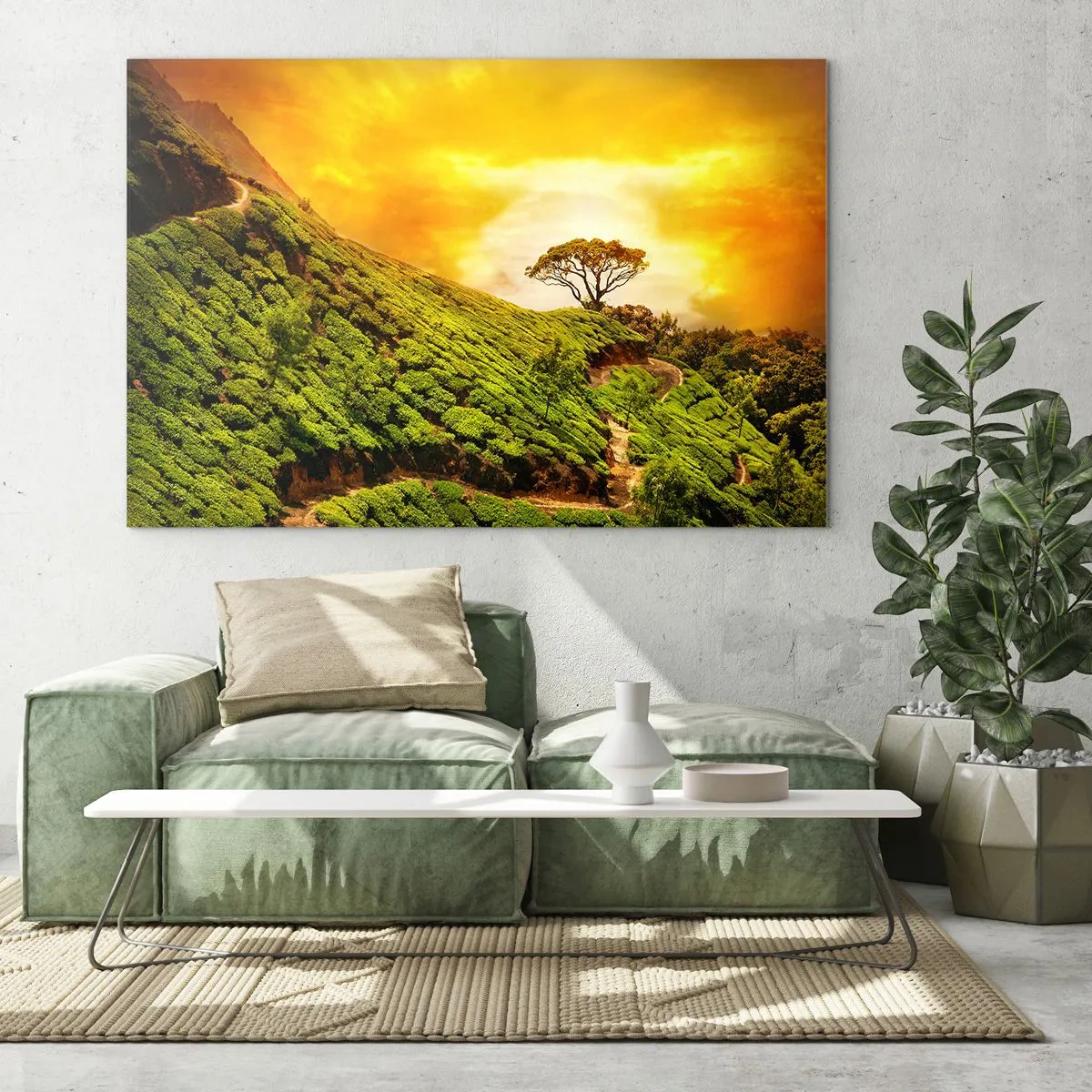 Glastavla - Bild på glas - Gröna kullar med ett ensamt träd vid solnedgången - 70x50cm - Genom slingrande stig, grön backe - Modern väggdekoration för vardagsrum och sovrum ARTTOR