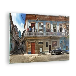 Glastavla - Bild på glas - Retro gata med klassiska byggnader och en bil - 70x50cm - Havana stämning - Modern väggdekoration för vardagsrum och sovrum ARTTOR