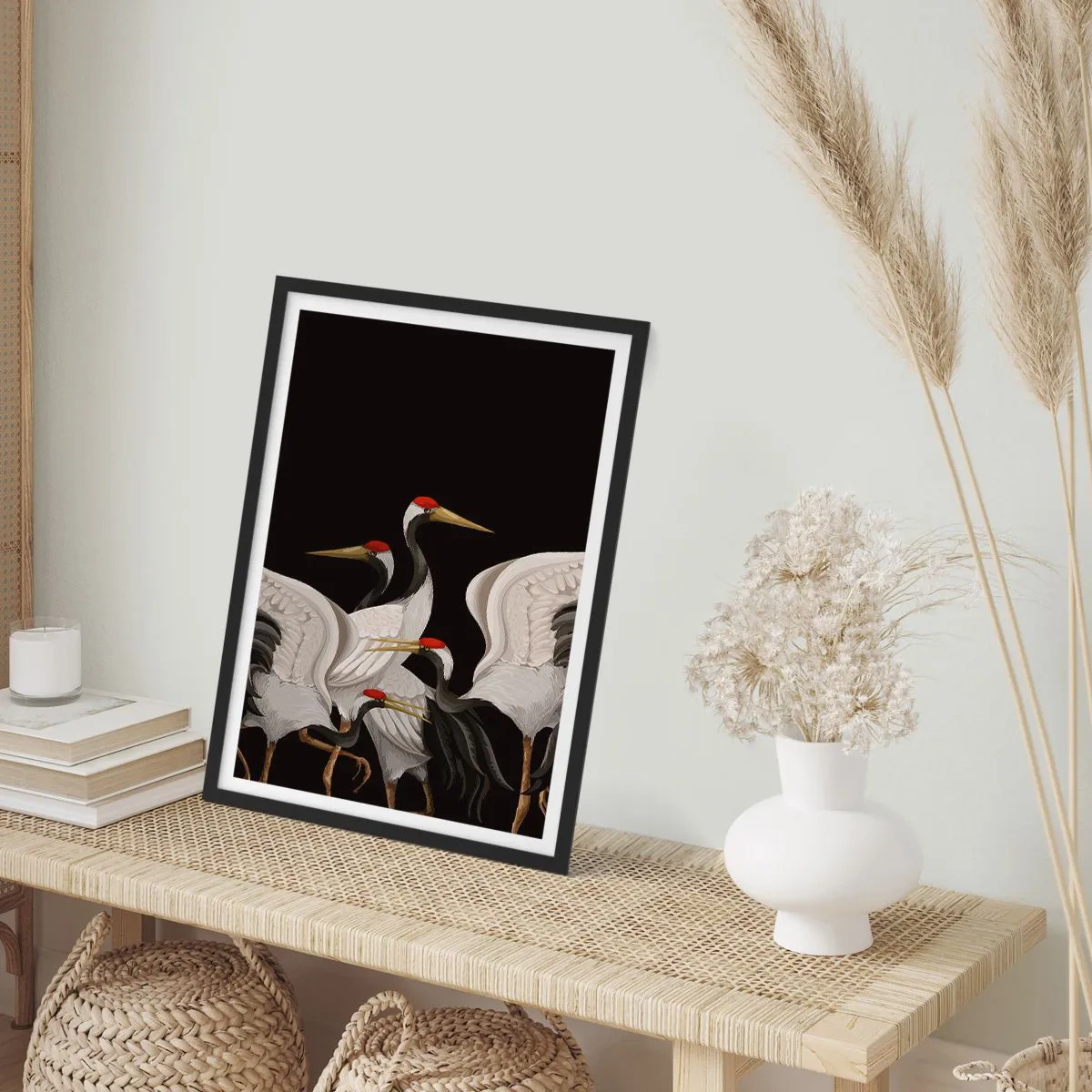 Affisch i svart ram - Eleganta tranor på en mörk bakgrund i orientalisk stil - 50x70cm - Fågelärenden - Modern väggdekoration för vardagsrum och sovrum ARTTOR