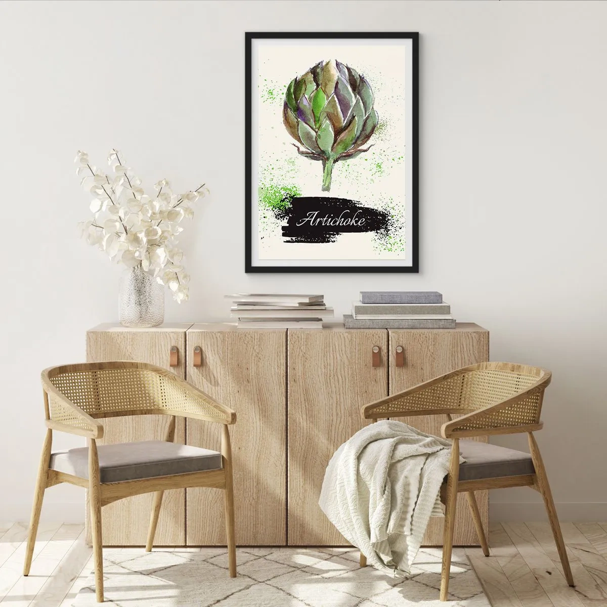 Affisch i svart ram - Akvarell illustration av en kronärtskocka på en ljus bakgrund - 50x70cm - Eviva grönsaker! - Modern väggdekoration för vardagsrum och sovrum ARTTOR