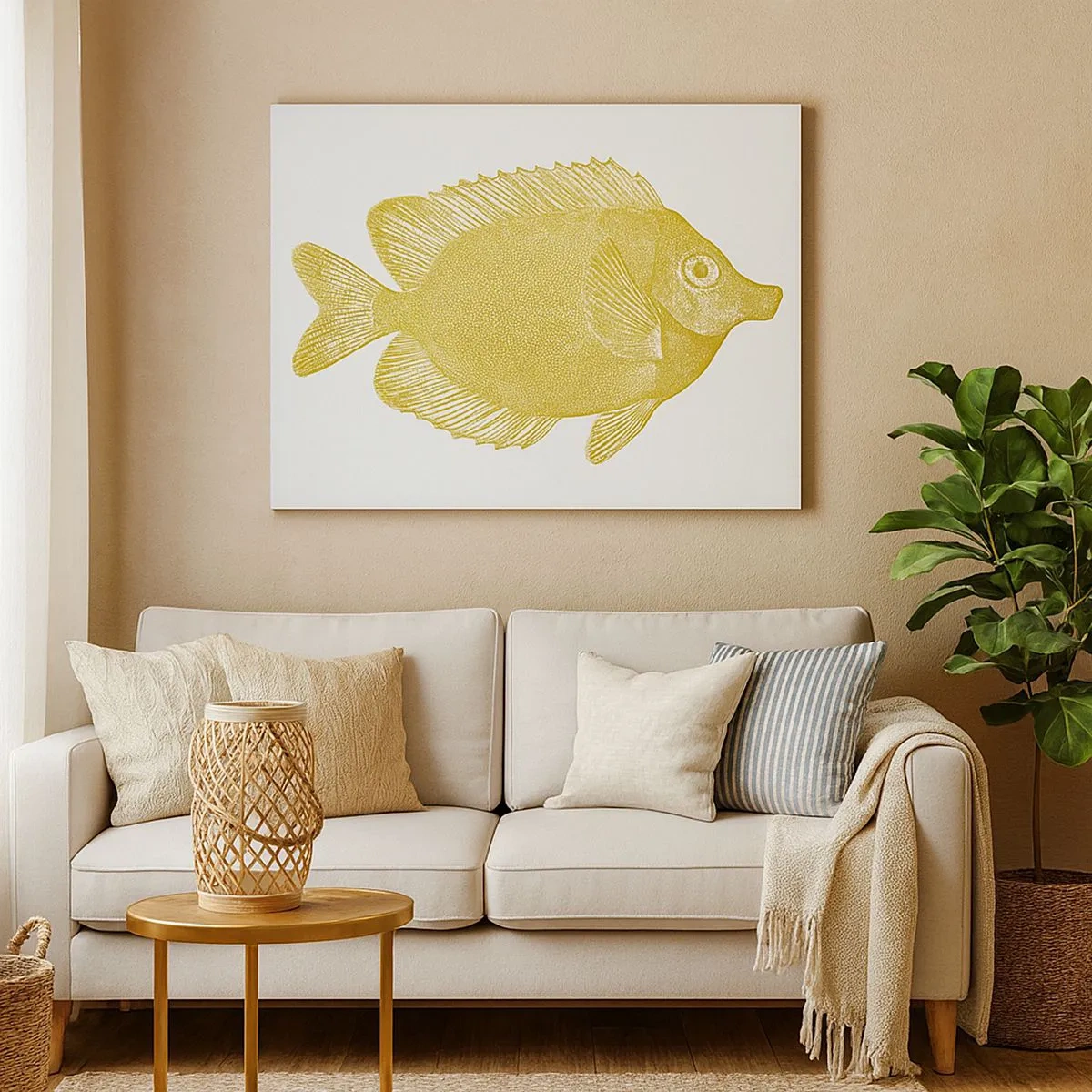 Canvastavla - Bild på duk - Vintage guldfisk på en ljus bakgrund - 70x50cm - Fisk och det är allt - Modern väggdekoration för vardagsrum och sovrum ARTTOR