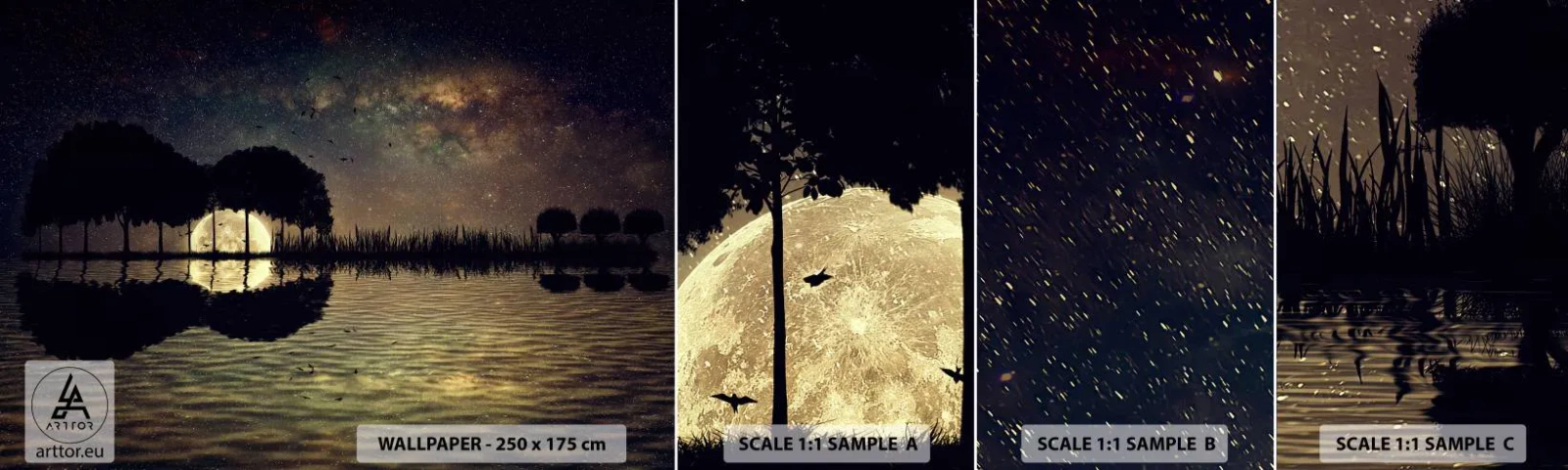 Provbit av självhäftande fototapet Deluxe Sticker - En natt i världens ände - Landskap, Sjö, Måne - 100x30 cm