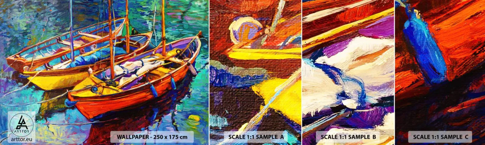 Fototapet Prov Standard Eco - På ett färgtjockt vatten - Łódź, Segelbåt, Hav - 100x30 cm