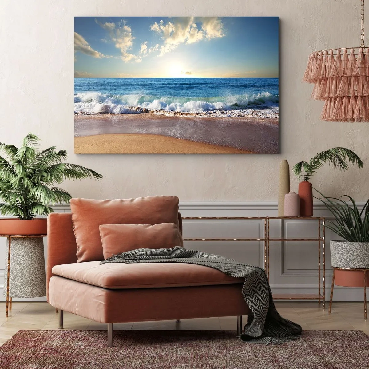Canvastavla - Bild på duk - En solig strand med vågor som slår mot stranden - 70x50cm - Rörlighet och orörlighet samtidigt - Modern väggdekoration för vardagsrum och sovrum ARTTOR