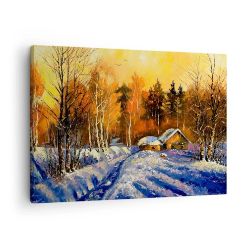 Canvastavla - Bild på duk - Vinterlandskap med ett hus i ljuset av den nedgående solen - 70x50cm - Vinterimpression i solen - Modern väggdekoration för vardagsrum och sovrum ARTTOR