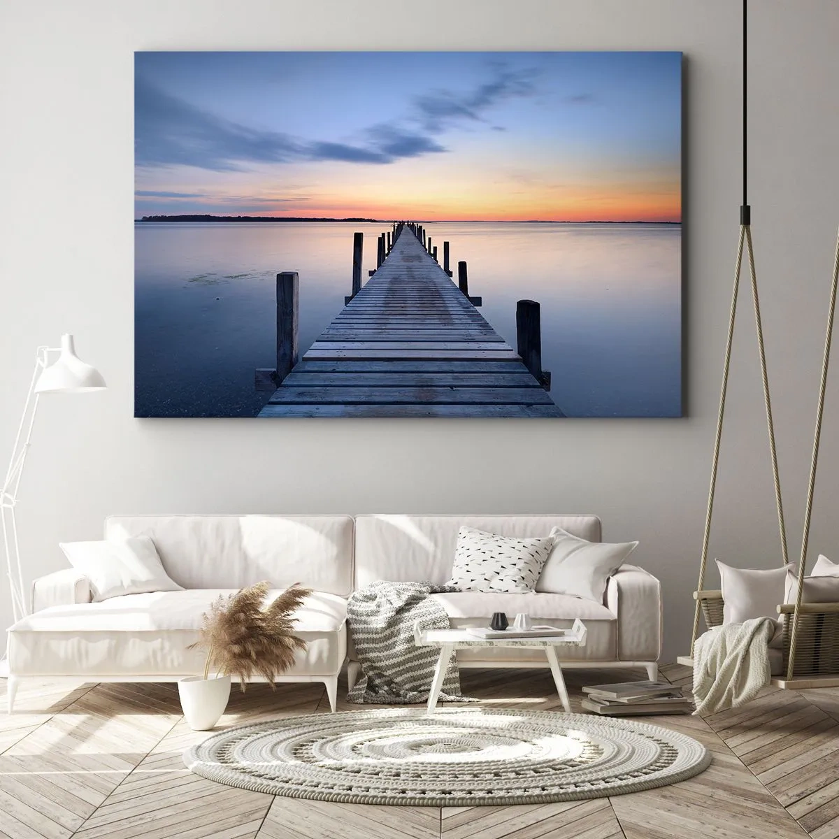 Canvastavla - Bild på duk - Träbrygga på sjön vid solnedgången - 70x50cm - Klara solnedgångens ro - Modern väggdekoration för vardagsrum och sovrum ARTTOR