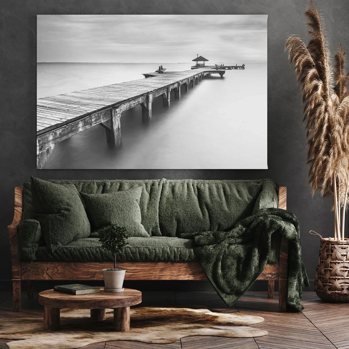 Canvastavla - Bild på duk - En svartvit vy av en träpir över lugnt vatten. - 70x50cm - Ut i det oändliga - Modern väggdekoration för vardagsrum och sovrum ARTTOR