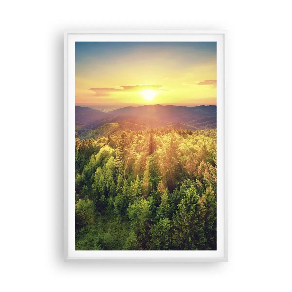 Affisch i vit ram - Trädtoppar och bergstoppar - 70x100 cm