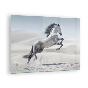 Glastavla - Bild på glas - En vit häst som hoppar mot bakgrund av ökendyner - 70x50cm - Arabisk prins - Modern väggdekoration för vardagsrum och sovrum ARTTOR