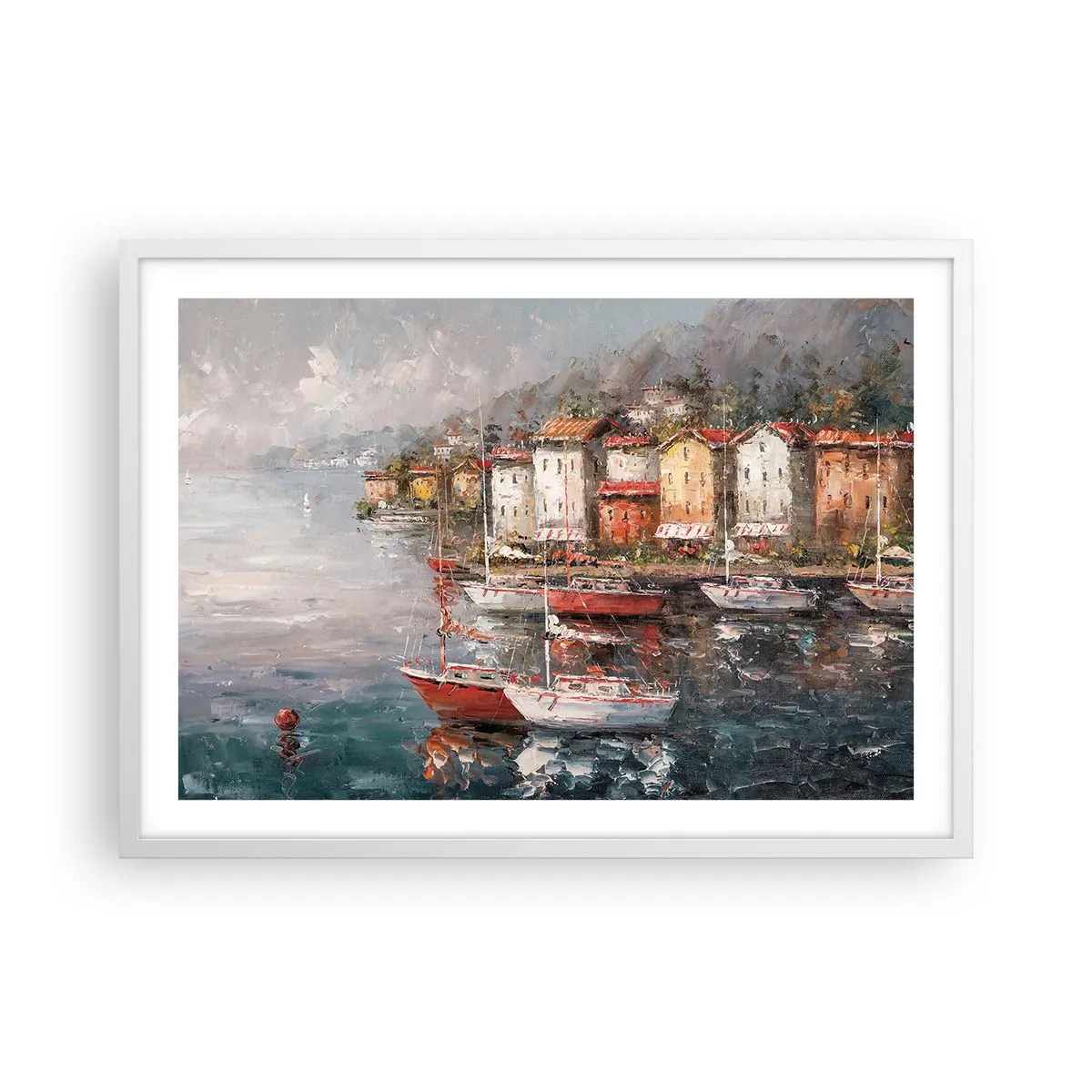 Affisch i vit ram - Romantisk hamn - 70x50 cm