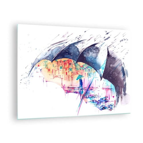 Glastavla - Bild på glas - En färgglad stad i bakgrunden under ett svart paraply - 70x50cm - Promenad i regnet - Modern väggdekoration för vardagsrum och sovrum ARTTOR