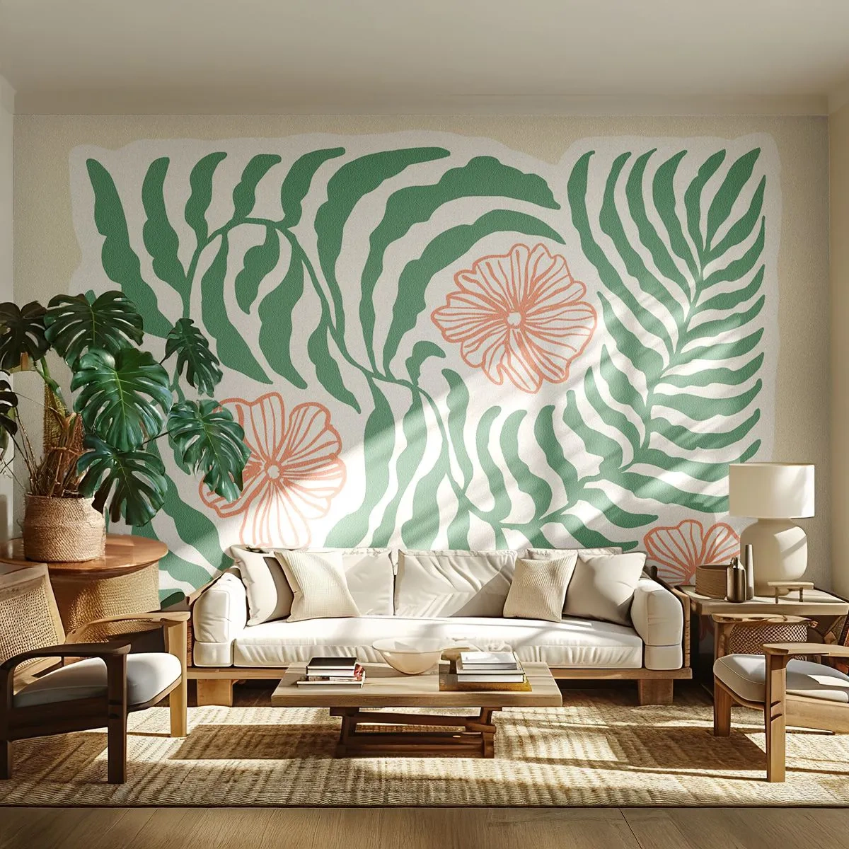Fototapet Premium Sand - Blommande i grönt - Boho, Botanisk, Blommor - 100x70 cm