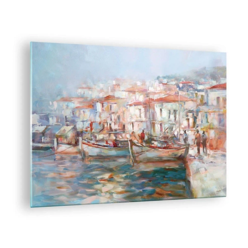 Glastavla - Bild på glas - En pittoresk hamn med båtar i pastellfärger - 70x50cm - Pastellfärgad semester - Modern väggdekoration för vardagsrum och sovrum ARTTOR
