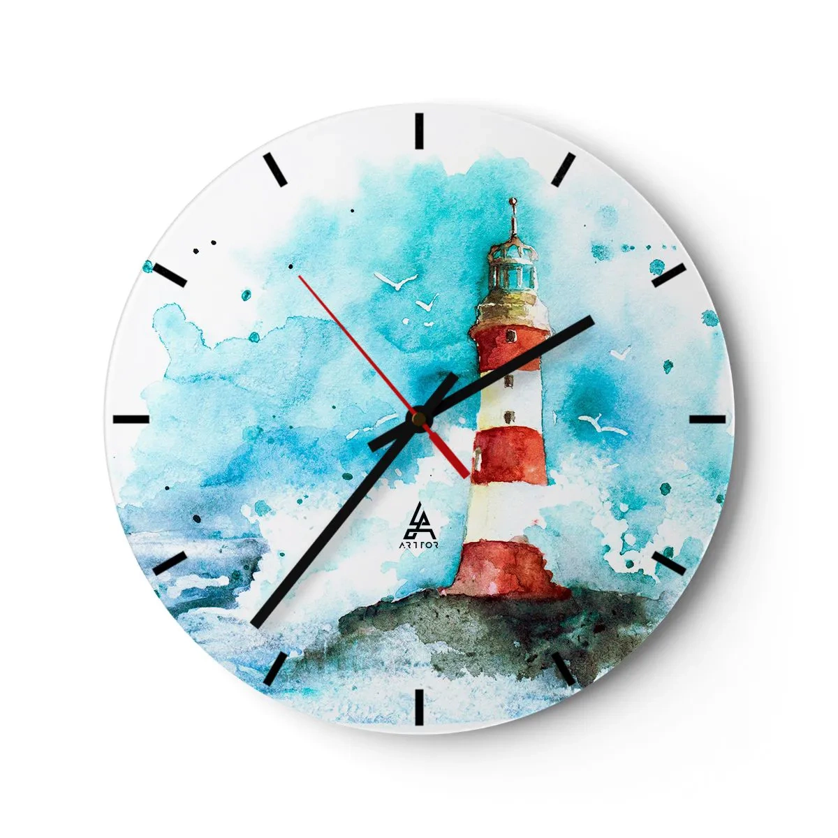 Väggklocka - Klocka på glas - En fyr mot en akvarellhimmel - 30x30cm - Elementens enhet - Modern väggdekoration för vardagsrum, kök och sovrum ARTTOR