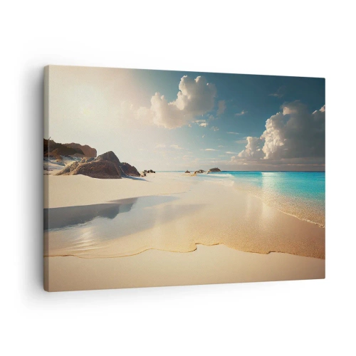 Canvastavla - Bild på duk - En solig strand med blått hav och klippor - 70x50cm - En drömlik dag - Modern väggdekoration för vardagsrum och sovrum ARTTOR