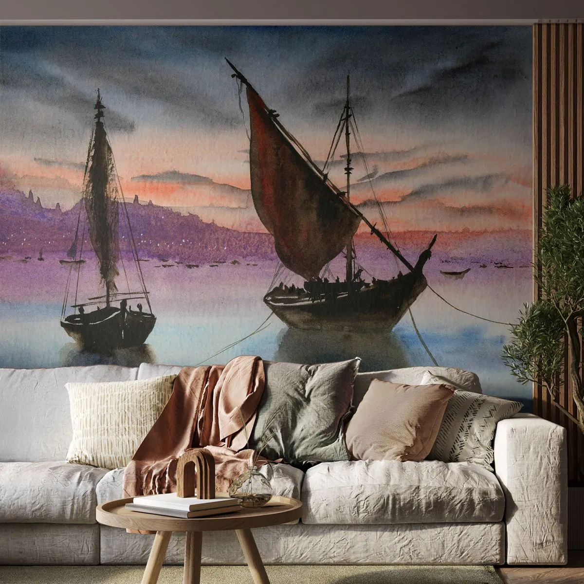 Fototapet Premium Sand - Kväll i hamnen - Segelbåtar, Seaside, Landskap - 100x70 cm