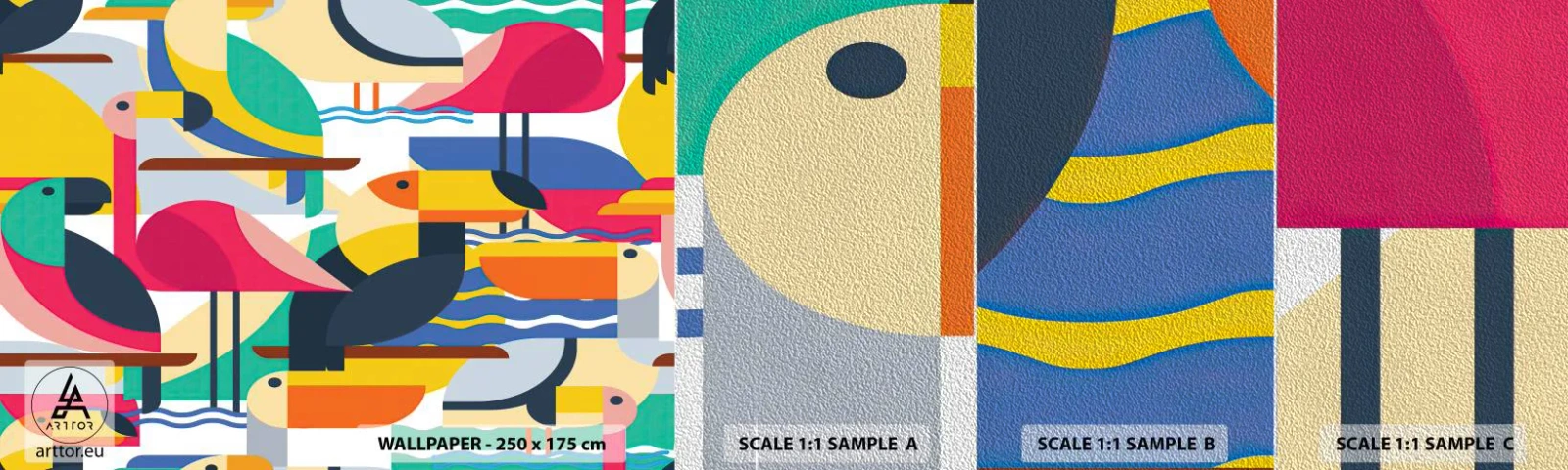 Provbit av fototapet Premium Sand - Fågelparty - Abstraktion, Pelikan, Bit - 100x30 cm