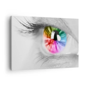 Canvastavla - Bild på duk - Konstnärlig bild av ett öga med regnbågsfärgad iris mot en grå bakgrund - 70x50cm - Se färgglatt på världen - Modern väggdekoration för vardagsrum och sovrum ARTTOR