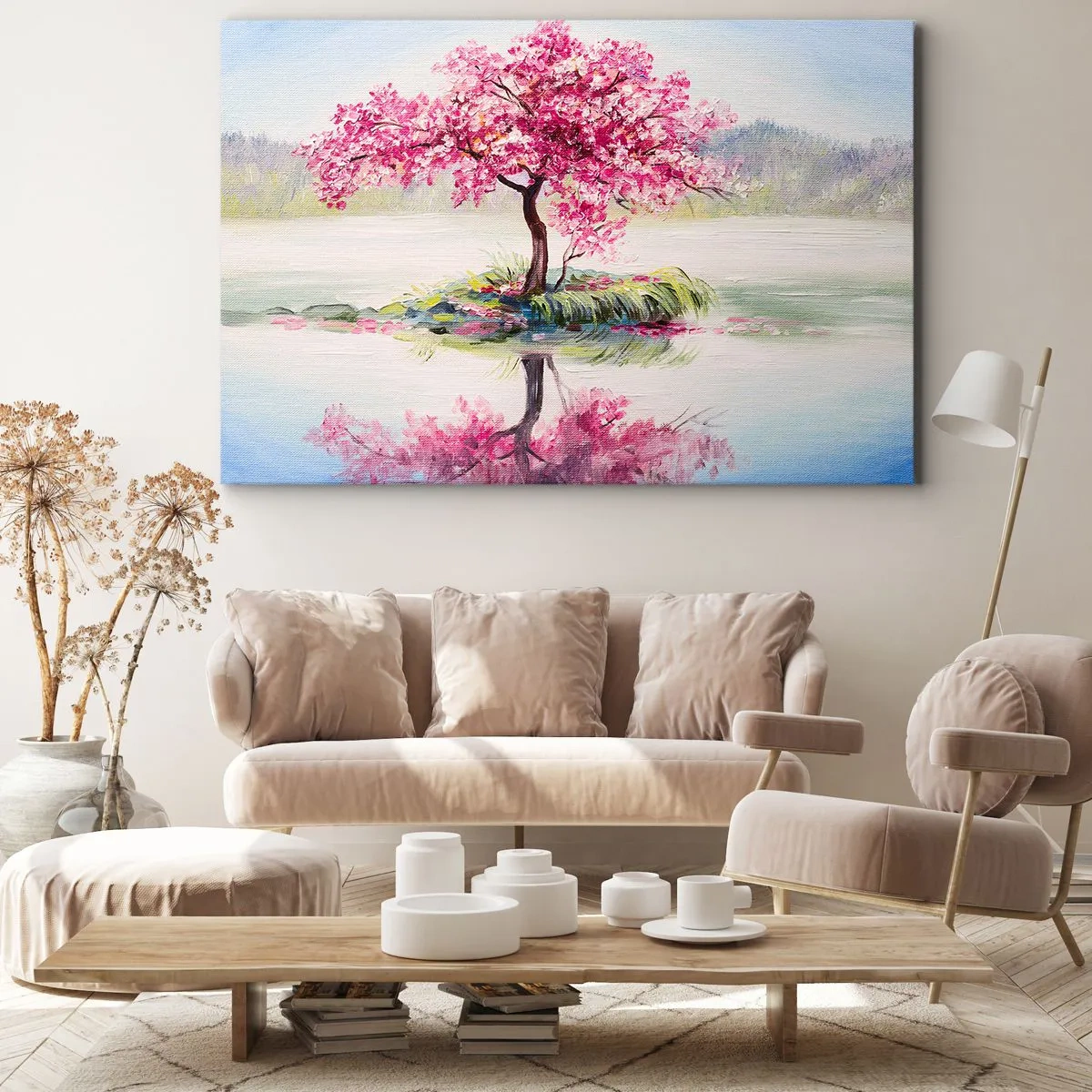 Canvastavla - Bild på duk - Ett blommande träd på stilla vatten - 70x50cm - Vårens högtid - Modern väggdekoration för vardagsrum och sovrum ARTTOR