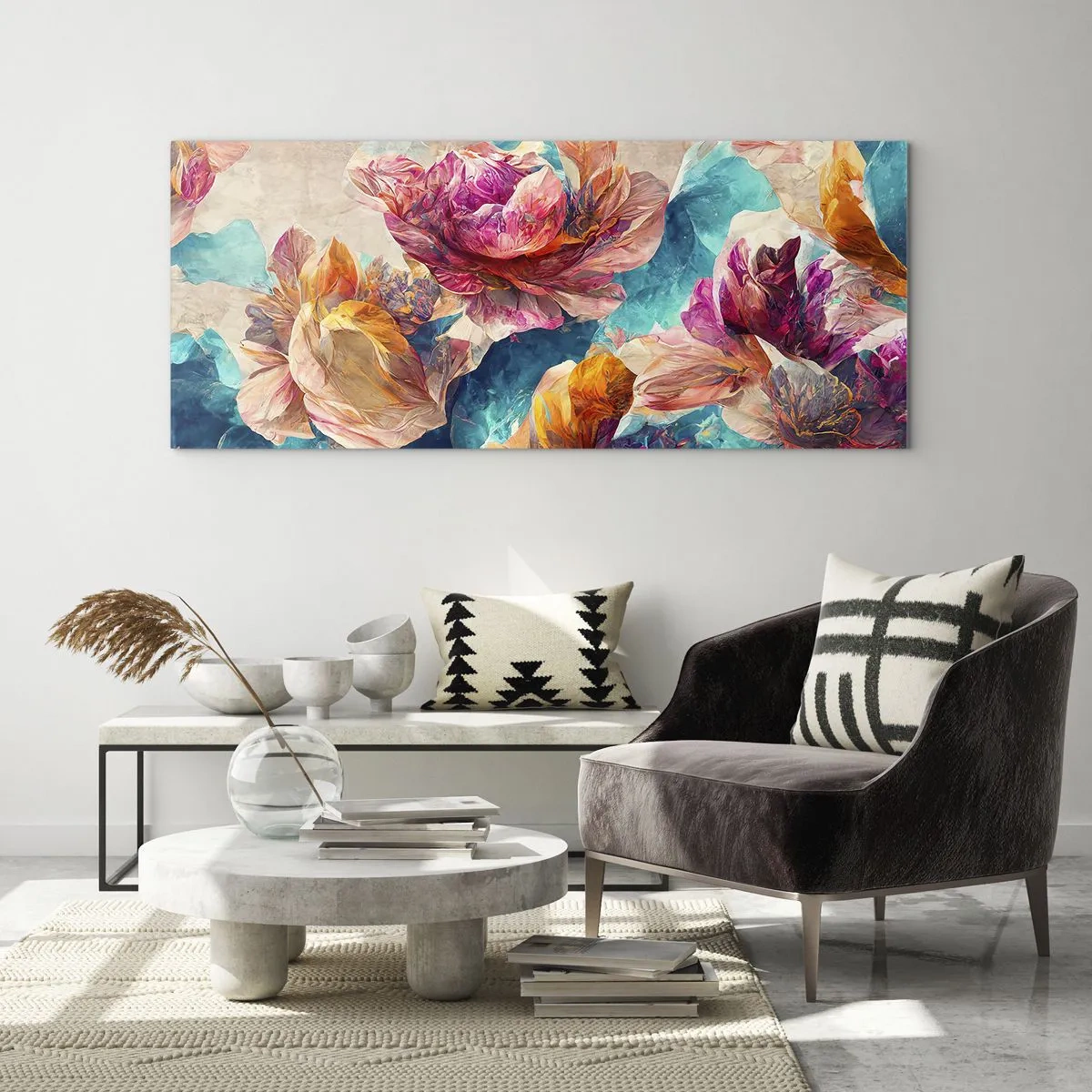 Glastavla - Bild på glas - Den färgsprakande prakten hos en bukett - 100x40 cm