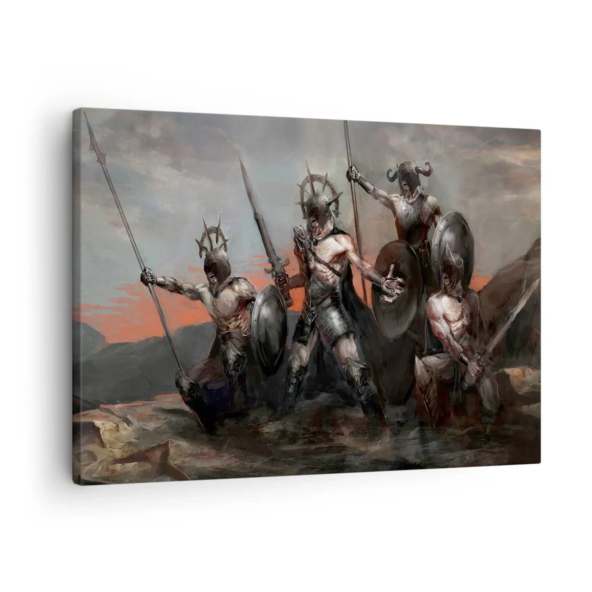Canvastavla - Bild på duk - En grupp krigare i rustning med spjut mot bakgrund av solnedgången - 70x50cm - Med eller på skölden - Modern väggdekoration för vardagsrum och sovrum ARTTOR