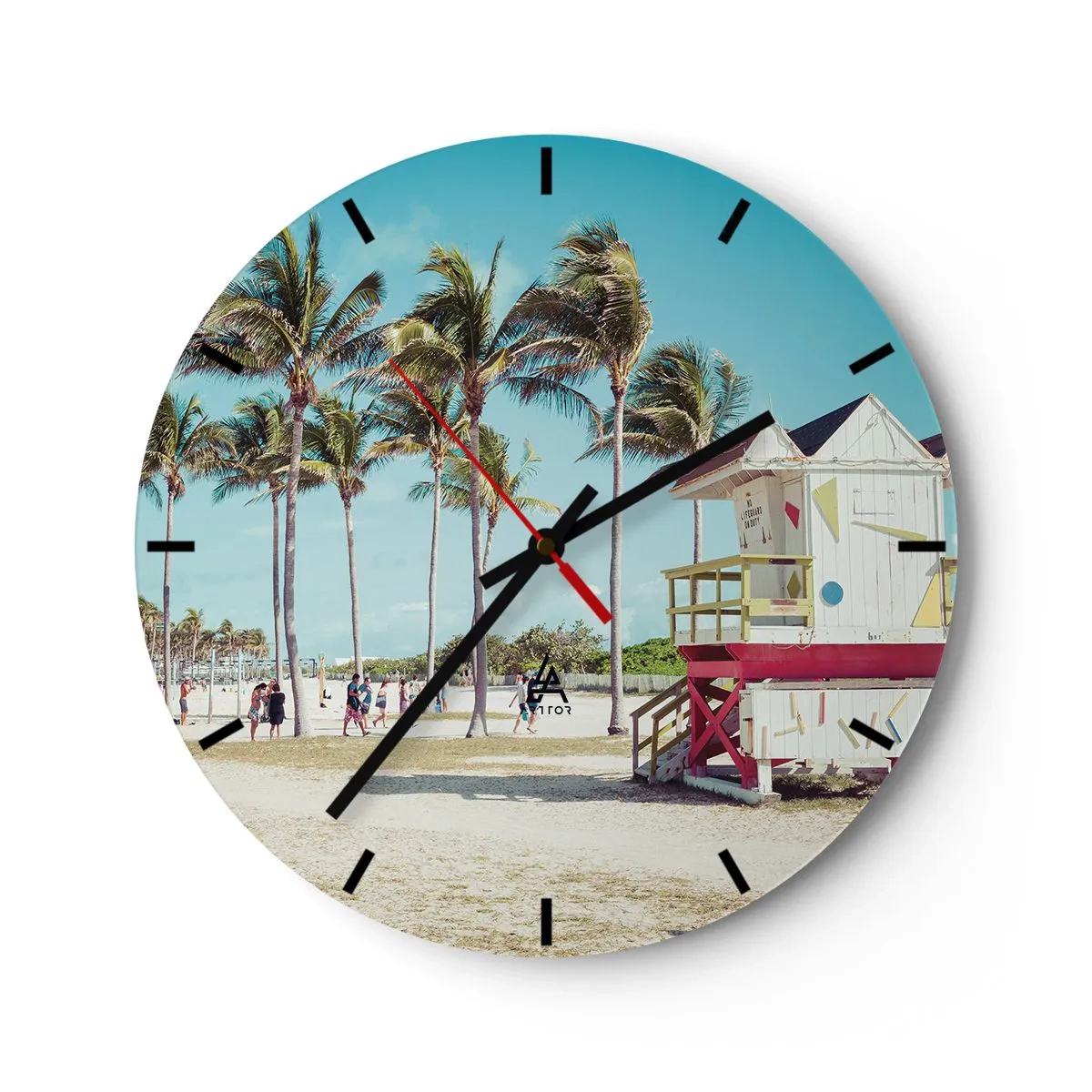 Väggklocka - Klocka på glas - Miami Beach med palmer och en färgglad badvaktsbyggnad - 30x30cm - En vacker dag framför dig - Modern väggdekoration för vardagsrum, kök och sovrum ARTTOR