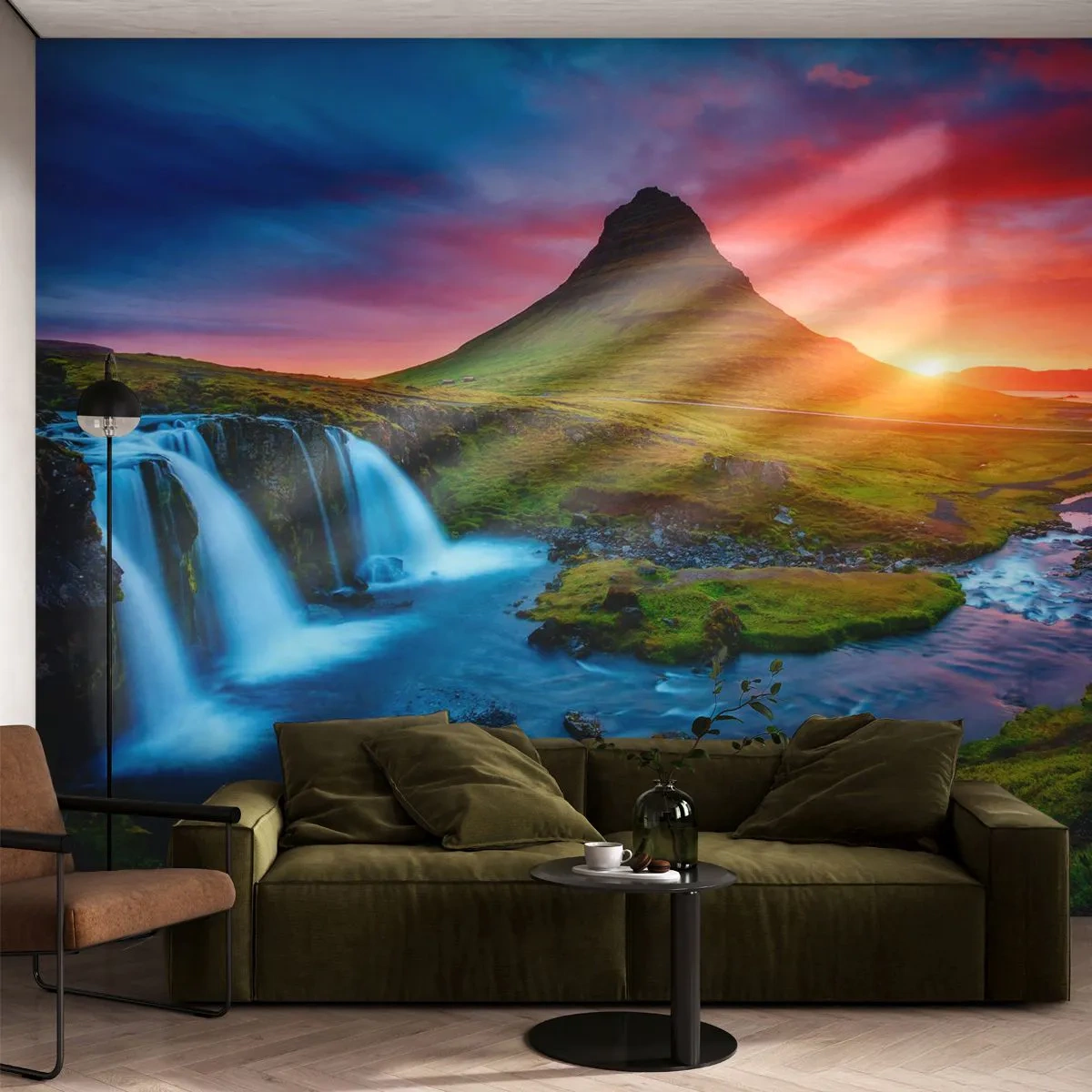 Fototapet Premium Sand - Island - eld och vatten - Landskap, Island, Kirkjufellsfoss - 100x70 cm