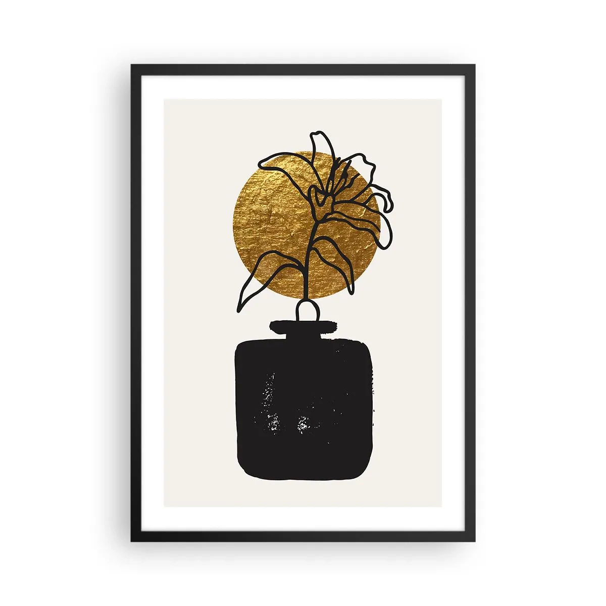 Affisch i svart ram - Abstrakt komposition med en blomma och en gyllene cirkel - 50x70cm - Guldvärd skönhet - Modern väggdekoration för vardagsrum och sovrum ARTTOR