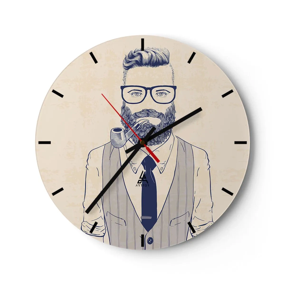 Väggklocka - Klocka på glas - Hipsterbild av en skäggig man med ett rör - 30x30cm - Glad, manlig och modemedveten - Modern väggdekoration för vardagsrum, kök och sovrum ARTTOR