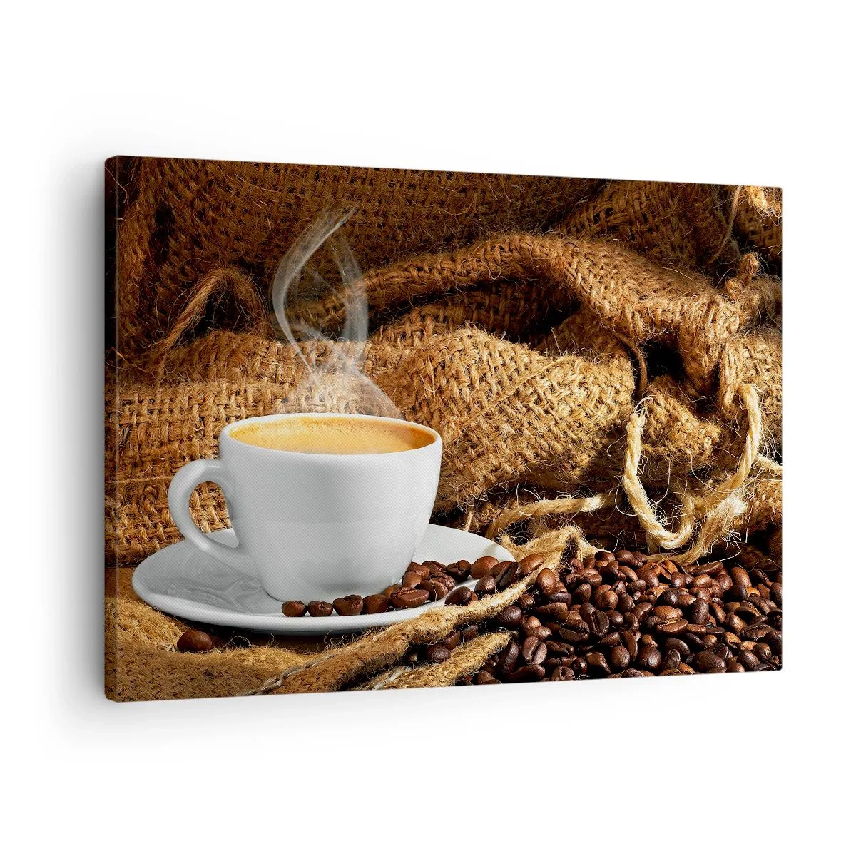 Canvastavla - Bild på duk - En kopp kaffe omgiven av en påse kaffebönor - 70x50cm - Mokkadoft och honungtjock dryck - Modern väggdekoration för vardagsrum och sovrum ARTTOR