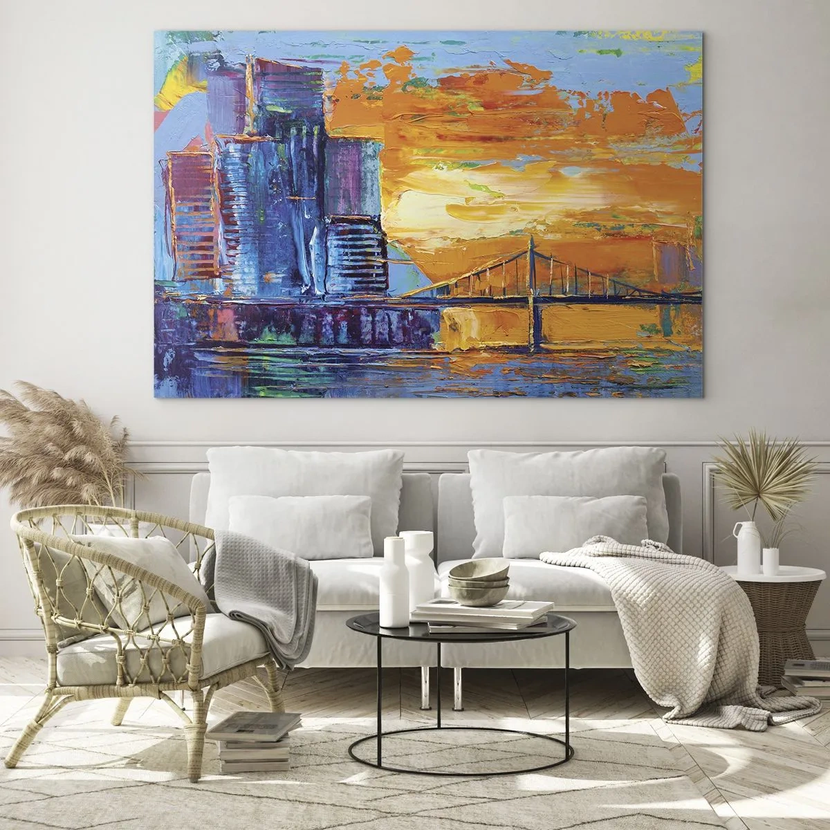 Glastavla - Bild på glas - Den färgglada staden och bron i skenet av den nedgående solen - 70x50cm - Kultur och natur - Modern väggdekoration för vardagsrum och sovrum ARTTOR