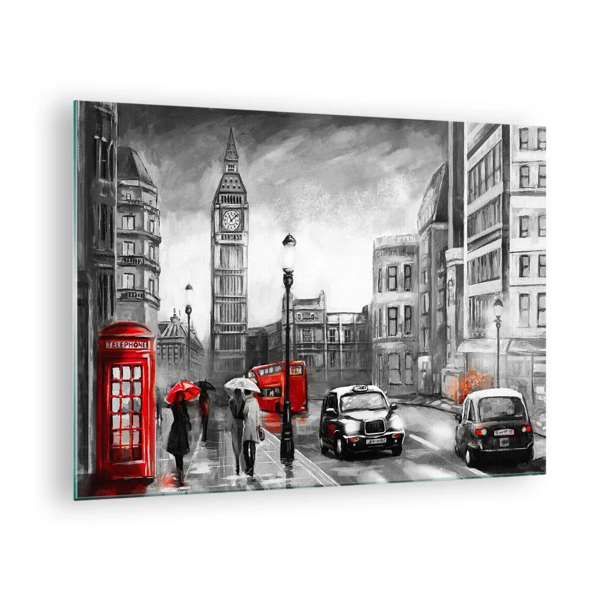Glastavla - Bild på glas - Big Ben och Londons gator med röda accenter mot en grå bakgrund - 70x50cm - Inte alls en grå stad - Modern väggdekoration för vardagsrum och sovrum ARTTOR