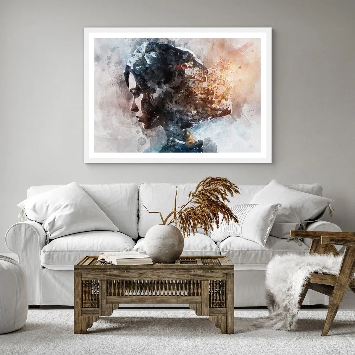 Affisch i vit ram - Berättelse om en tjej med en stad i bakgrunden - 40x40 cm