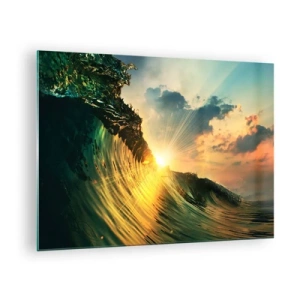 Glastavla - Bild på glas - Den nedgående solen lyser upp havets vågor - 70x50cm - Surfare, var är du? - Modern väggdekoration för vardagsrum och sovrum ARTTOR