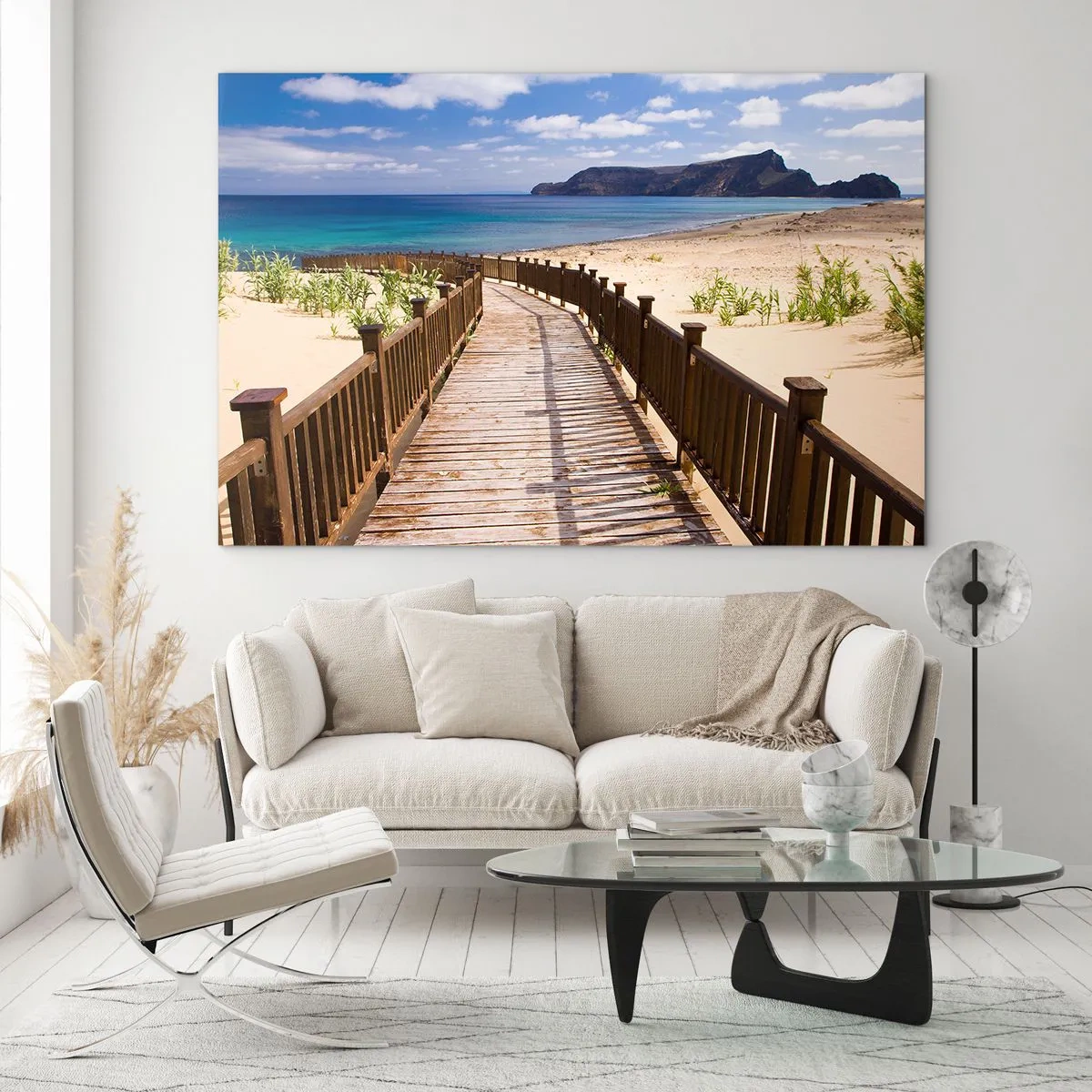 Glastavla - Bild på glas - Trästig på stranden som leder till havet - 70x50cm - Ta mig till de lyckliga öarna - Modern väggdekoration för vardagsrum och sovrum ARTTOR