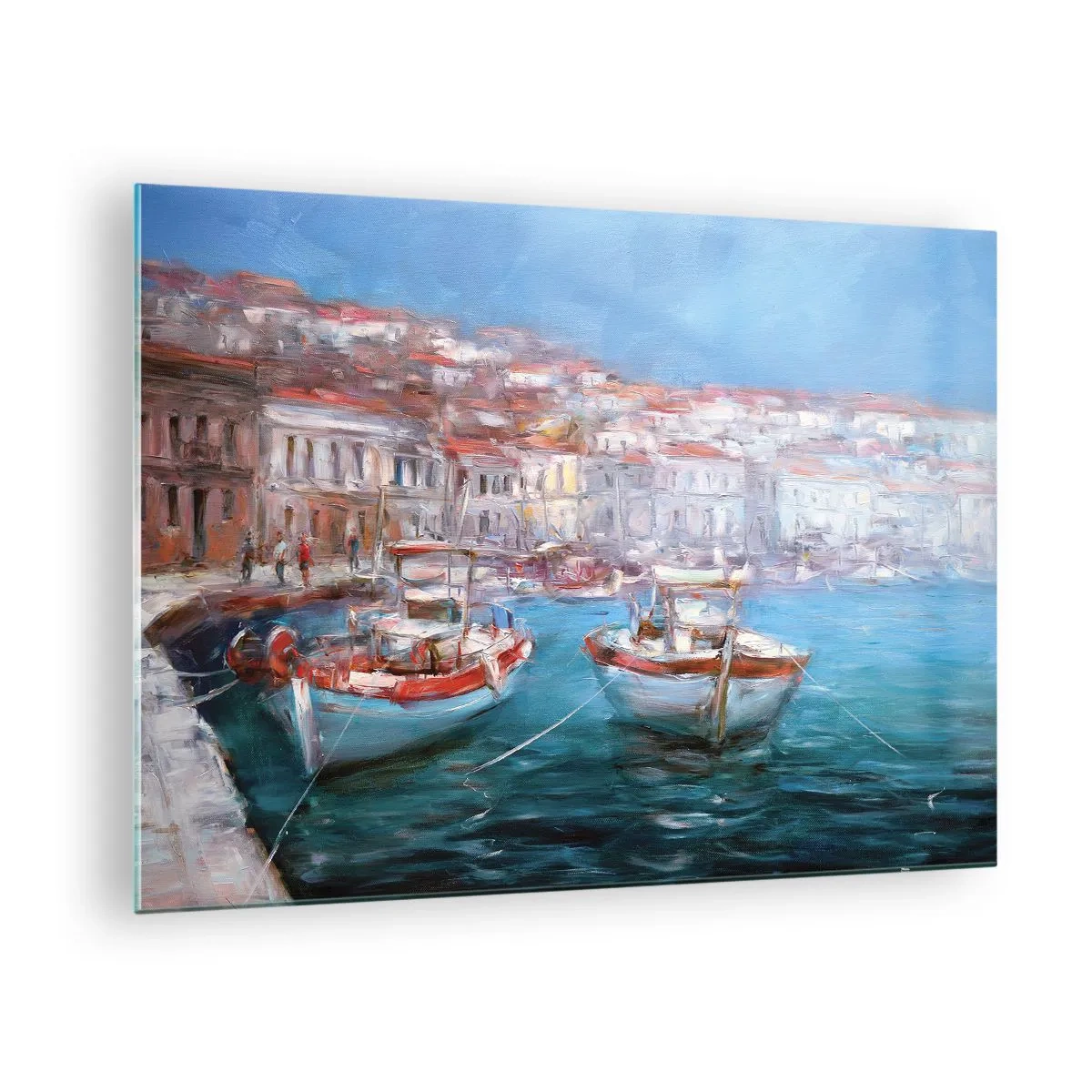 Glastavla - Bild på glas - Fiskehamn med båtar mot en bakgrund av italienska byggnader och en blå himmel - 70x50cm - Italiensk vik - Modern väggdekoration för vardagsrum och sovrum ARTTOR