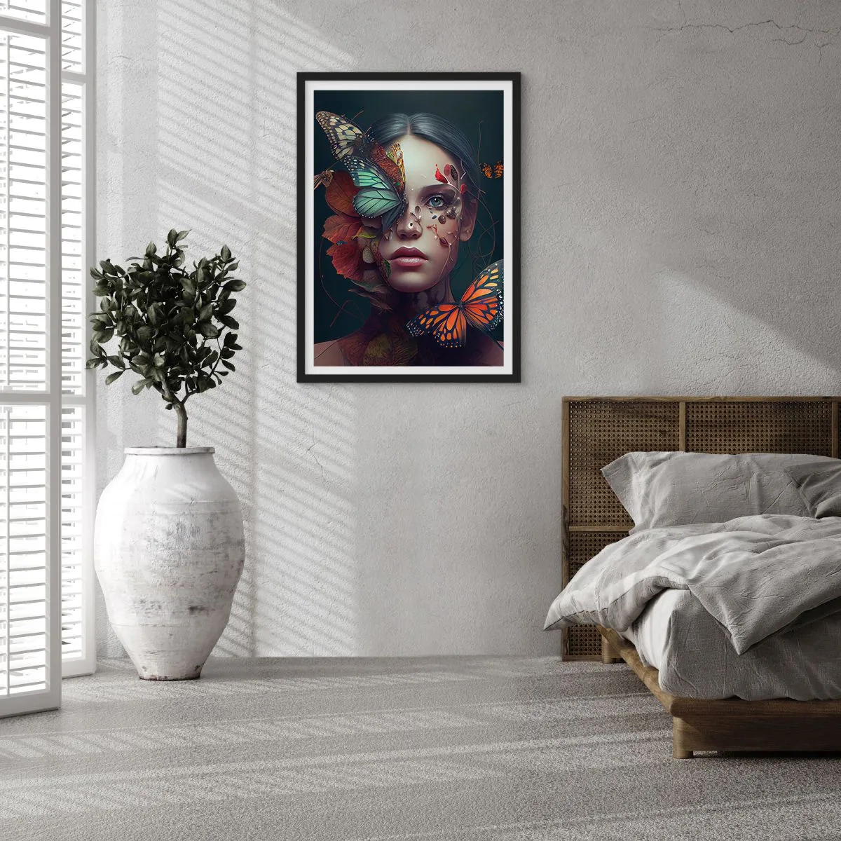 Affisch i svart ram - Porträtt av en kvinna med fjärilar och löv - 50x70cm - En underbar metamorfos - Modern väggdekoration för vardagsrum och sovrum ARTTOR