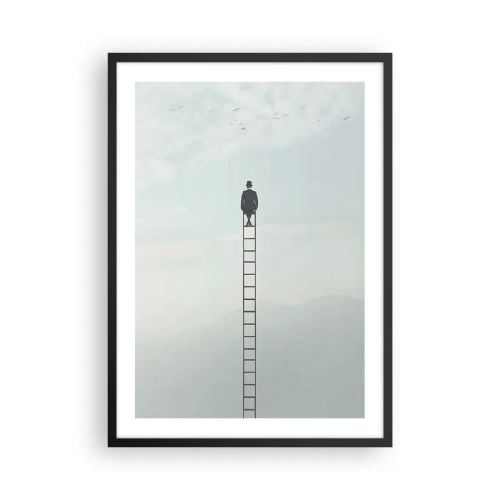 Affisch i svart ram - Man på en stege som tittar på himlen - 50x70cm - Var över det - Modern väggdekoration för vardagsrum och sovrum ARTTOR