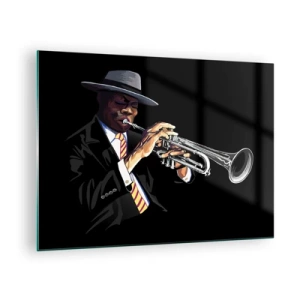 Glastavla - Bild på glas - En svart musiker med trumpet och hatt mot svart bakgrund - 70x50cm - Gamla skolans charm - Modern väggdekoration för vardagsrum och sovrum ARTTOR