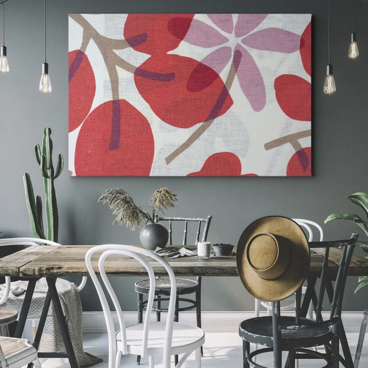 Canvastavla - Bild på duk - Blommor och blad i nyanser av rött och rosa - 70x50cm - Blomsterkomposition i rosa - Modern väggdekoration för vardagsrum och sovrum ARTTOR