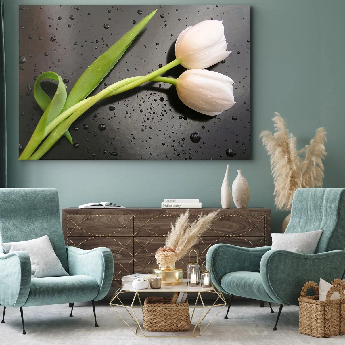Canvastavla - Bild på duk - Vita tulpaner på svart bakgrund med vattendroppar - 70x50cm - Vårfläta - Modern väggdekoration för vardagsrum och sovrum ARTTOR